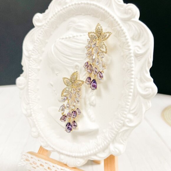 Crystal Floral Earrings, Bridal Wedding Earring, Crystal Chandelier Drop Earring - Picture 7 of 9